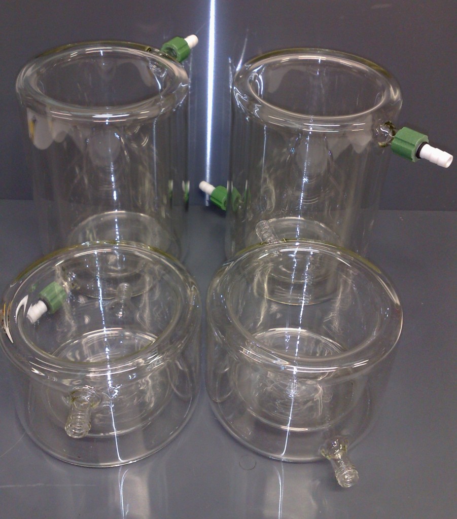 Jacketed Beakers used to maintain samples or reactions at a constant